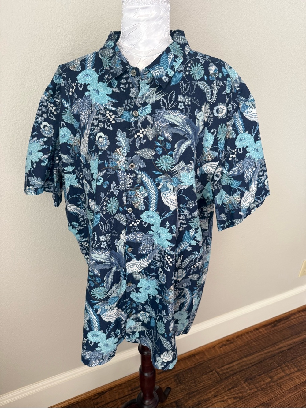 Tori Richard Navy and Aqua Tropical Print Button-Down Shirt